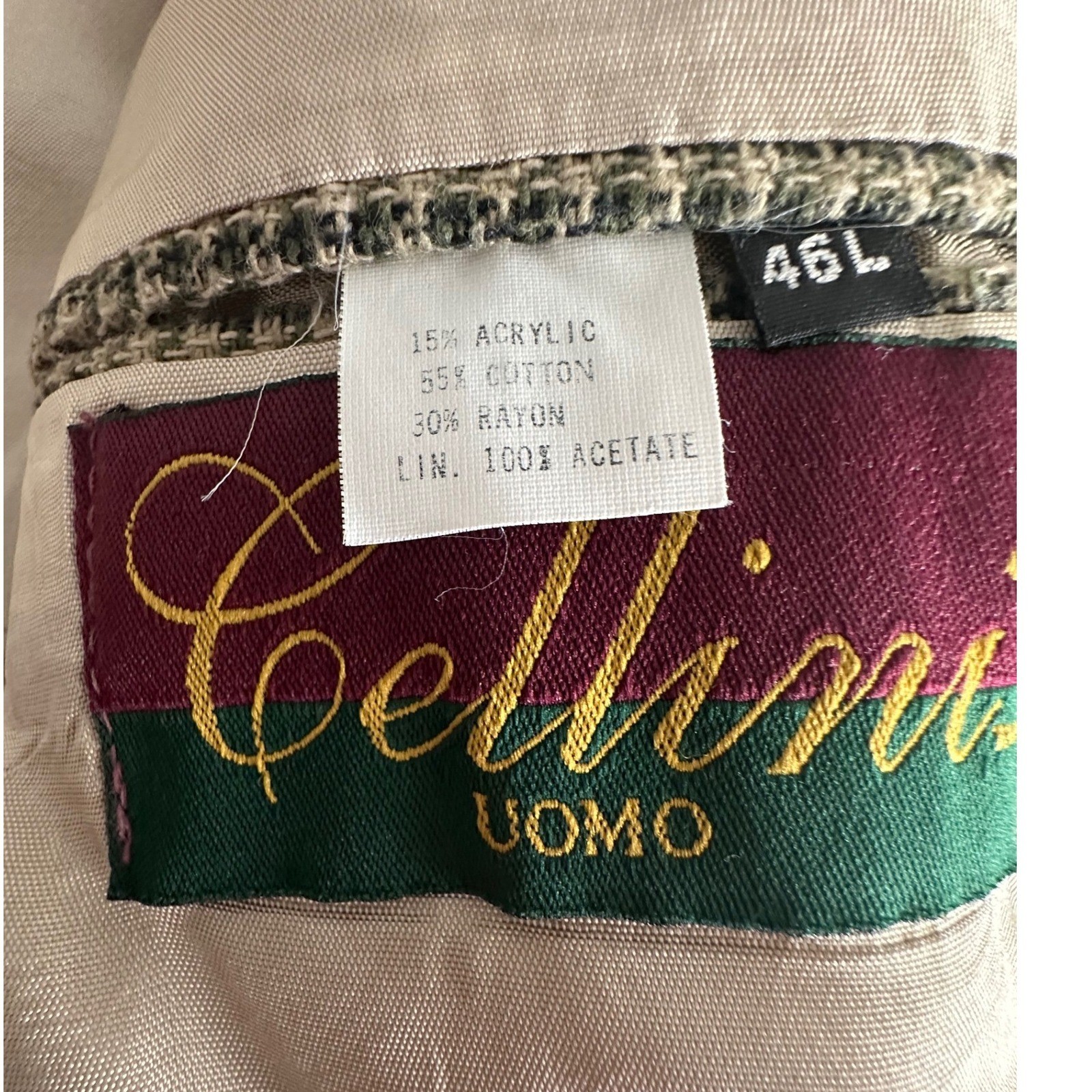 Vintage Cellini Uomo Green Tan Houndstooth Blazer Tailored Coat Men’s Size 46L