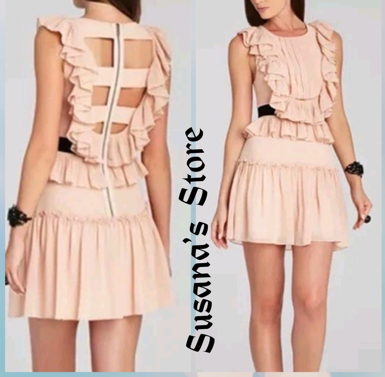 NWT BCBG MAXAZRIA SIZE 4 Britt Bare Pink Pleated Ruffle Back Cage Mini Dress