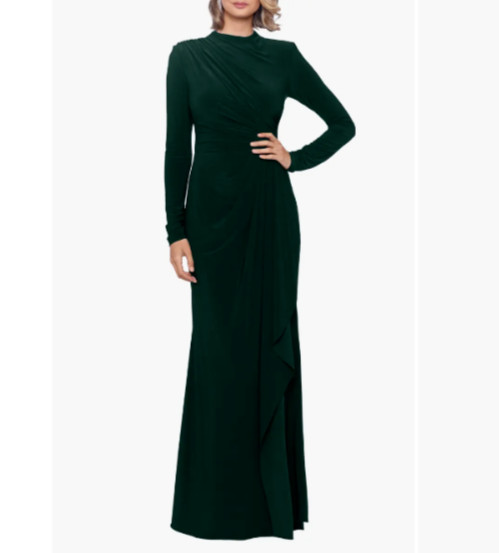 BETSY & ADAM Forest Mock Neck Ruched Ruffle Long Sleeve Stretch Jersey Gown 12