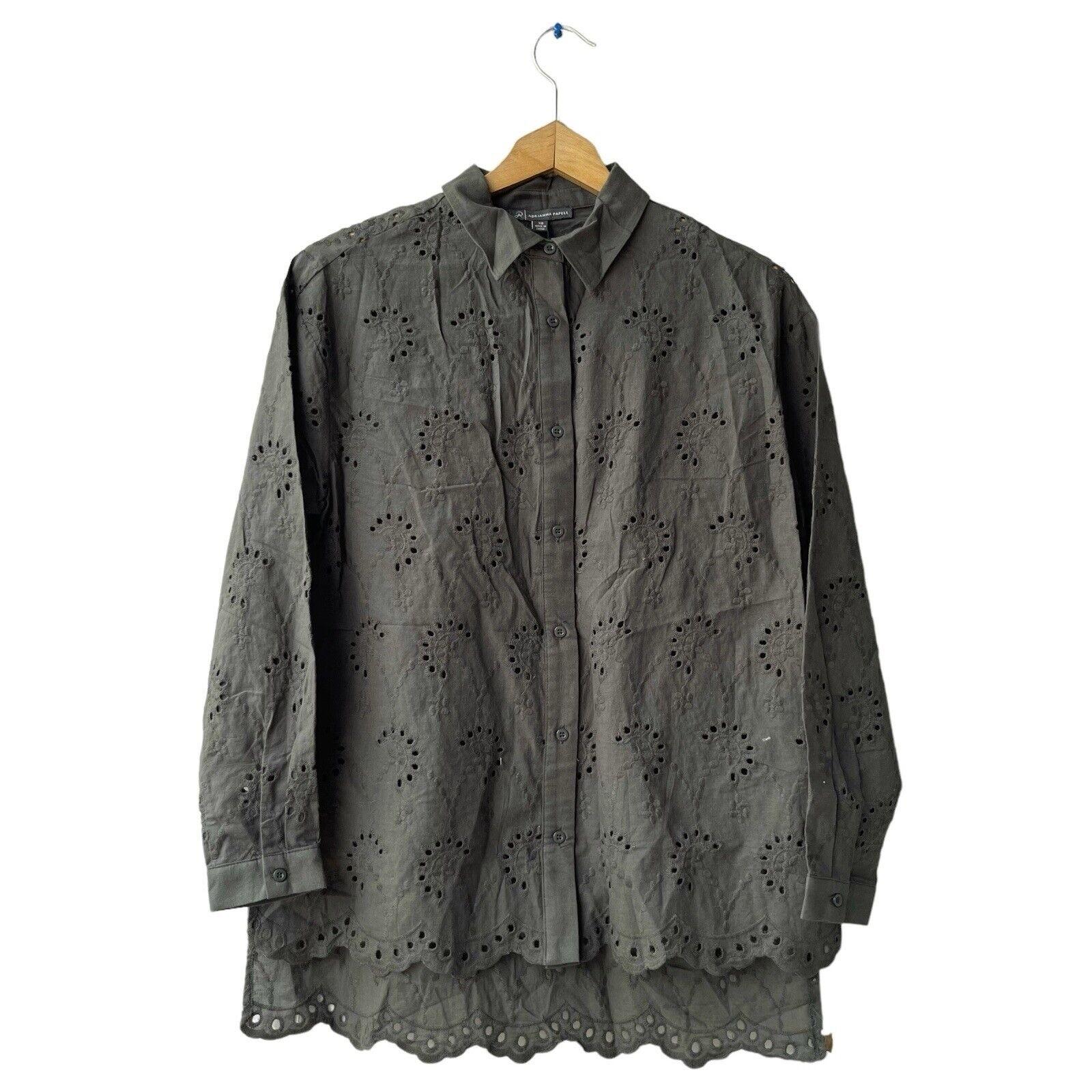 ADRIANNA PAPELL Eyelet Button-Up Shirt Dusty Olive Lace Scalloped Hem Womens XS