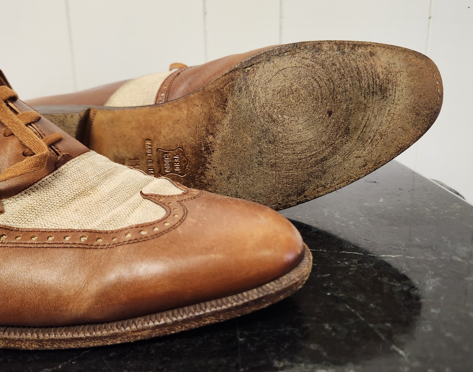 Italian spectator wingtips 11 leather canvas two tone shoes