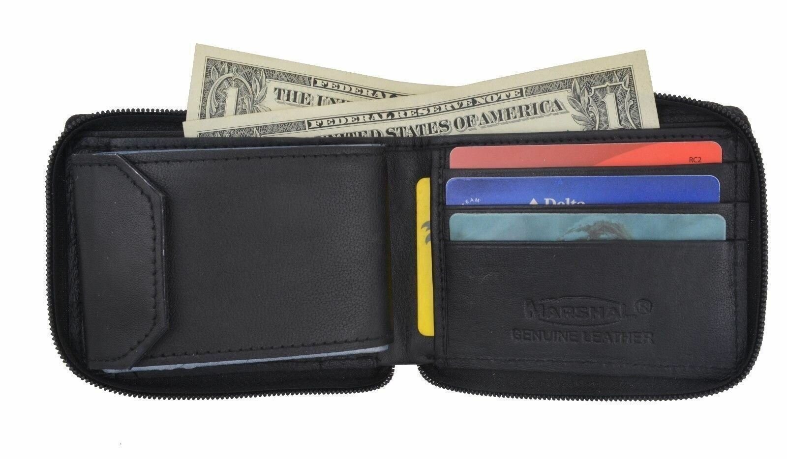 Zipper Bifold Leather Wallet W/Removable Plastic Inserts Casing W/Snap Enclosure