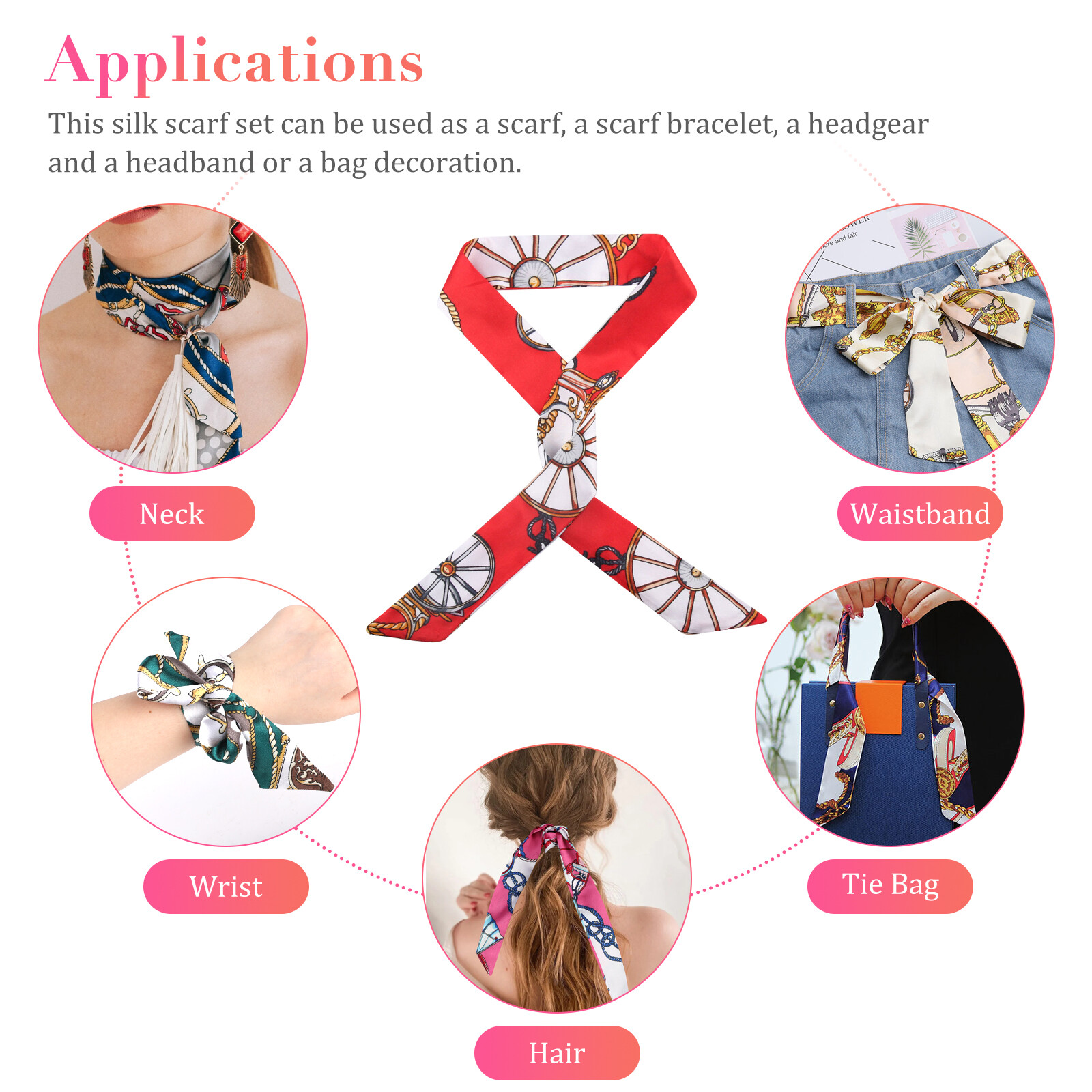 12pcs Women Satin Silk Scarf Scarves Wrap Tied Bag Handle Neck Hair Long Ribbon