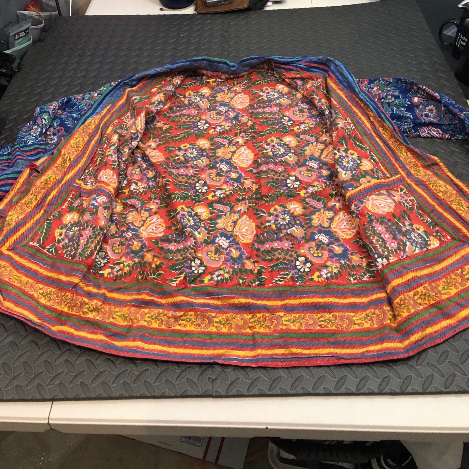 Samhillu Reversible Quilted Jacket Women Large Blue Red Floral Cotton India Boho
