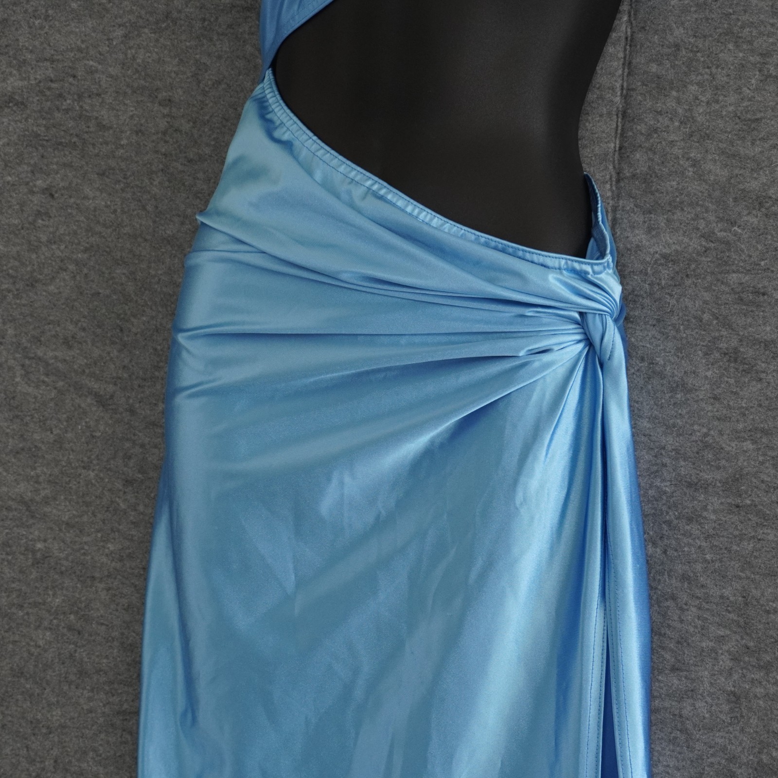 PrettyLittleThing Blue Satin Cut Out Maxi Dress US 2 UK 6 One Shoulder High Slit