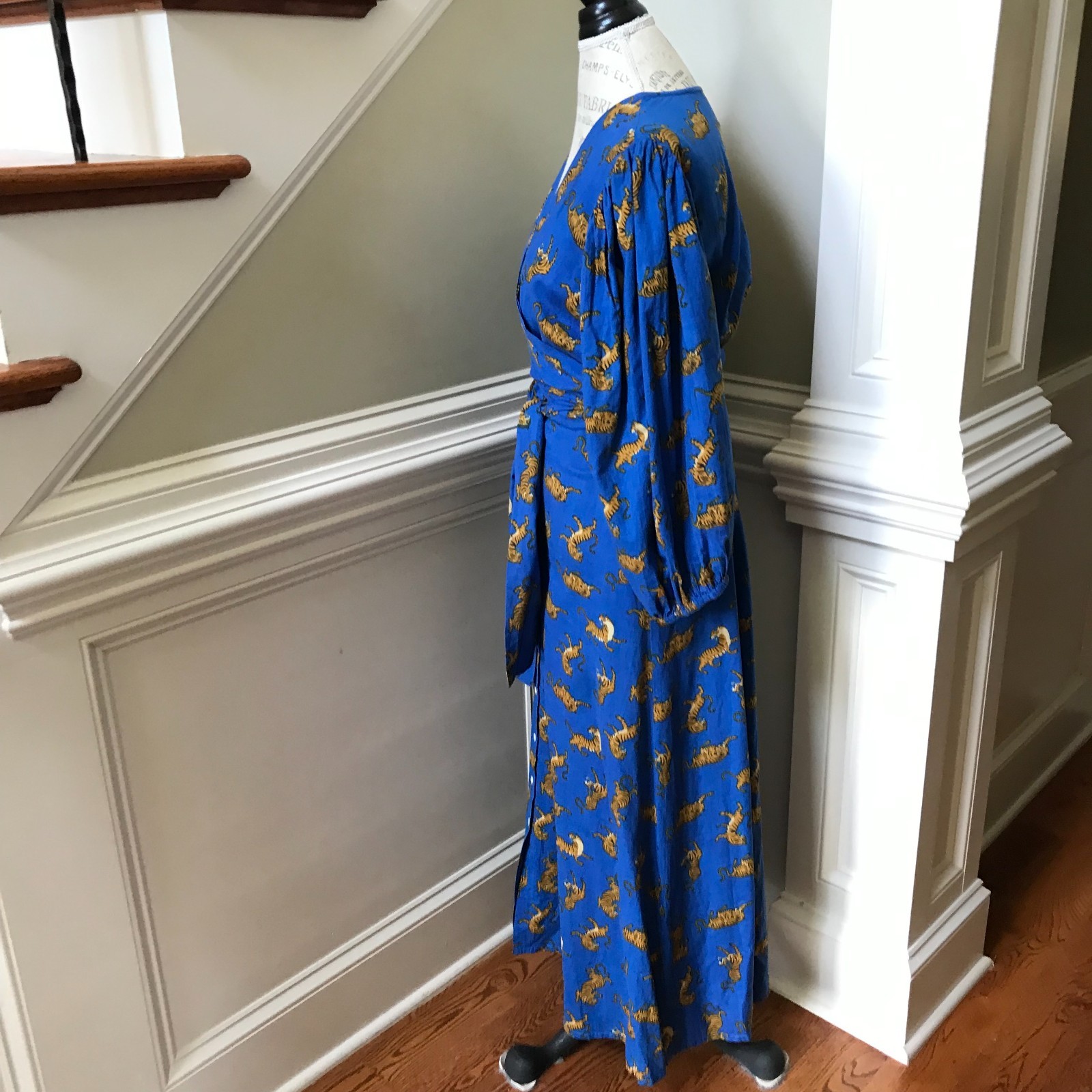 Guadalupe Monica Jungle Tiger Wrap Maxi Dress Womens Medium Blue V-Neck Cotton