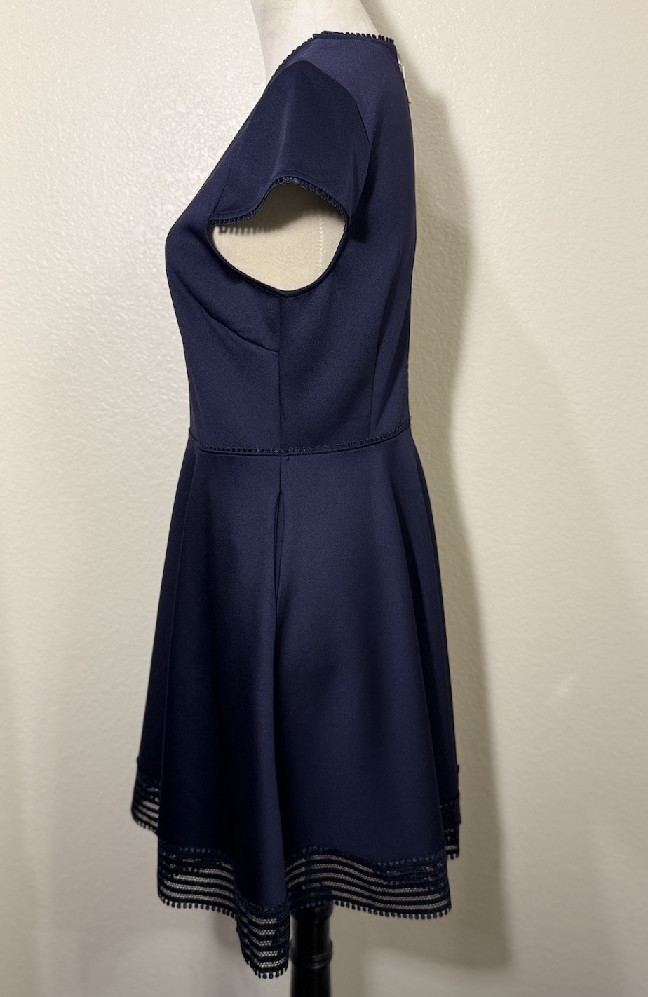 Ted Baker London Size 2 Navy Polyester Rohdia Skater Dress Mesh Trim Pockets Zip