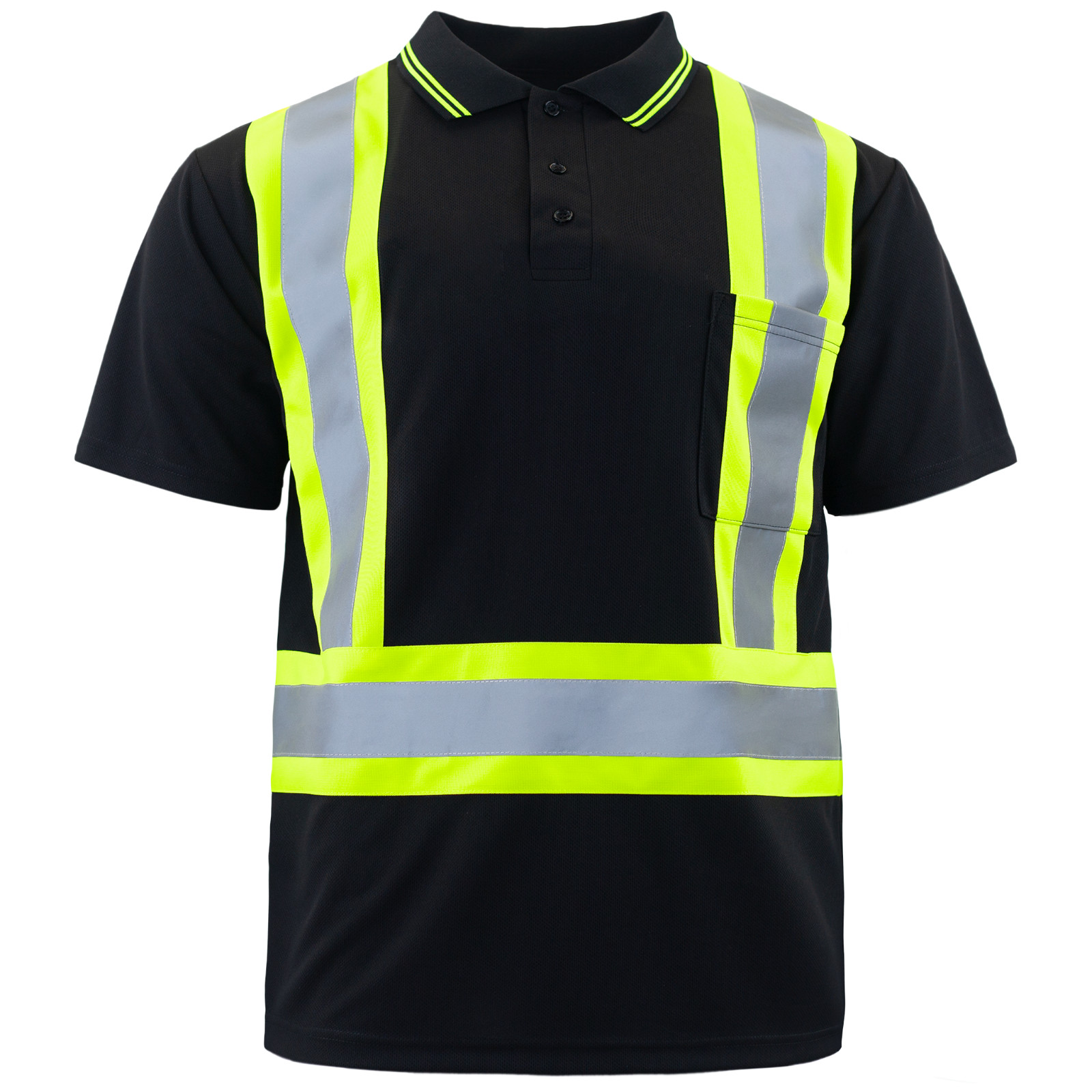 Hi-Vis Black Safety Workwear Short Sleeve Polo Shirt Two Tone Reflective Tape