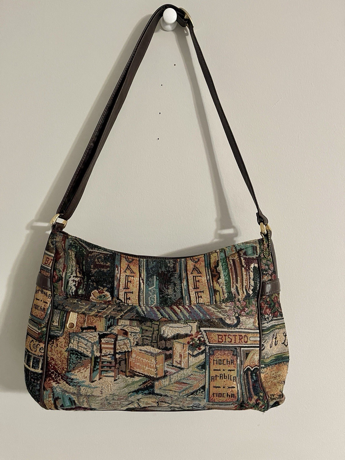 Vintage Sas Needlepoint Tapestry Shoulder Bag Purse Cafe Scene Boho Western