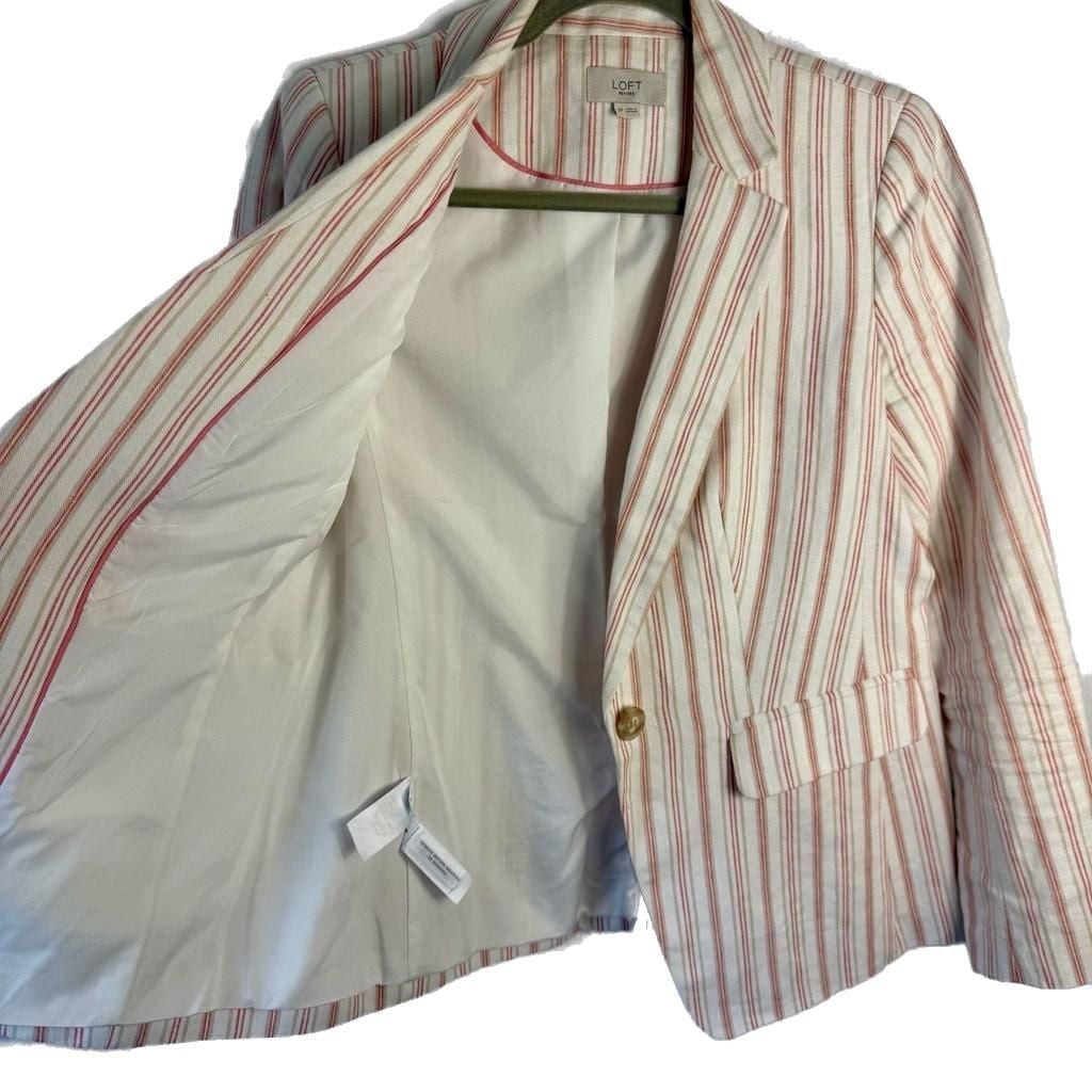 LOFT Petites Orange Vertical Striped Cotton Linen Blend Blazer New Without Tags