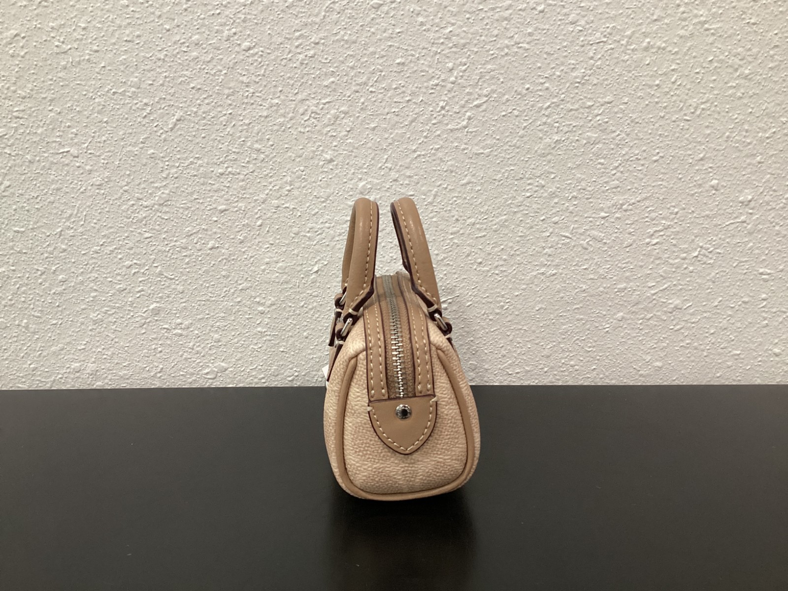 Coach Mini Rowan Bag Charm CX068 Sand Signature Canvas Leather 3.75″x2.5″x2.25″