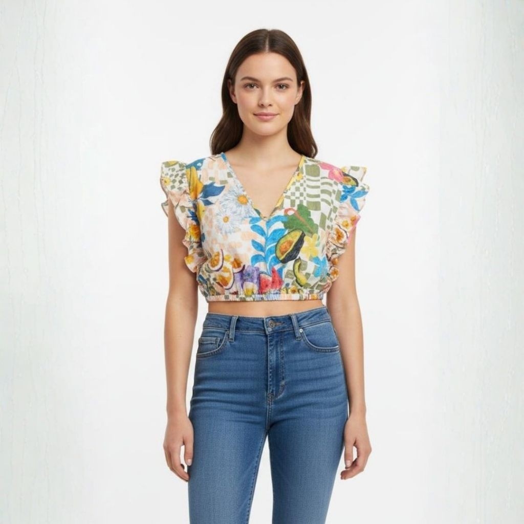 Garrie B White Multi-color Floral Fruit Crop Top – Small – See Notes