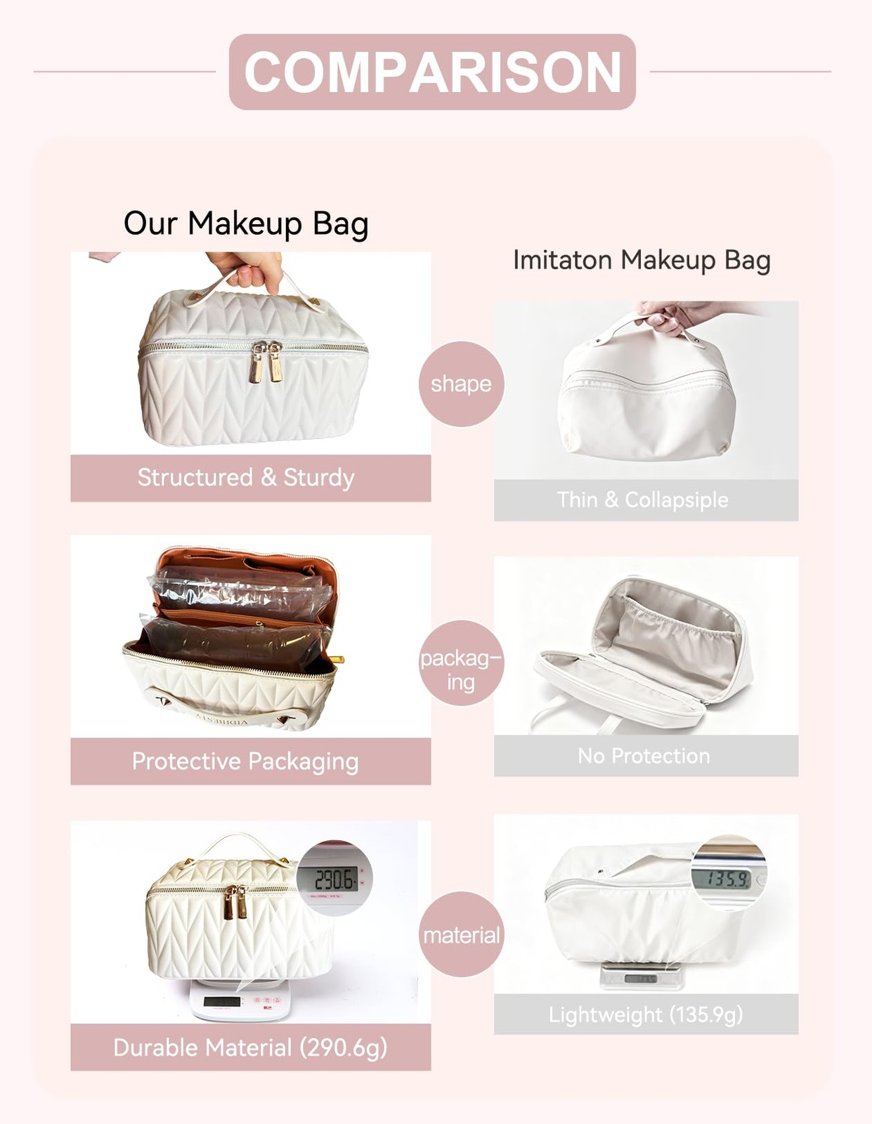 VIDIBESTY Travel Makeup Bag for Women, Large 9.8 x 4.7 x inches, Beige