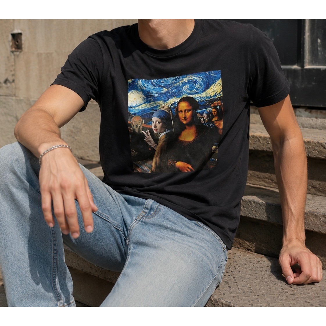 SHEIN Mens Art Mashup Graphic Tee Black Mona Lisa Starry Night T-Shirt Large