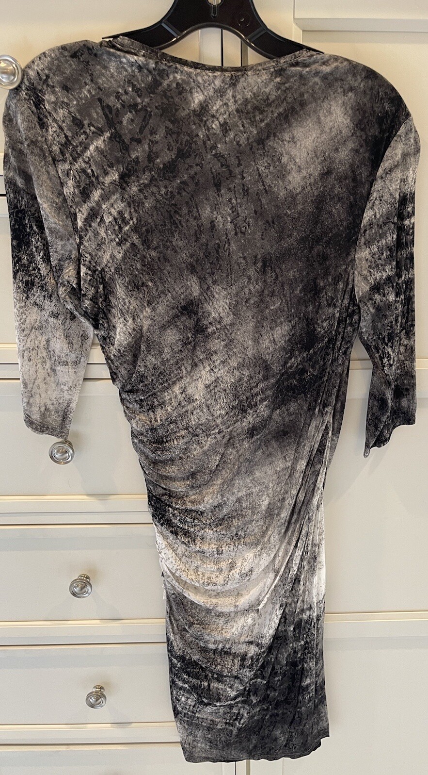 Helmut Lang Ruched Dress—Abstract Black And White-3/4 Sleeve, Mid thigh Length