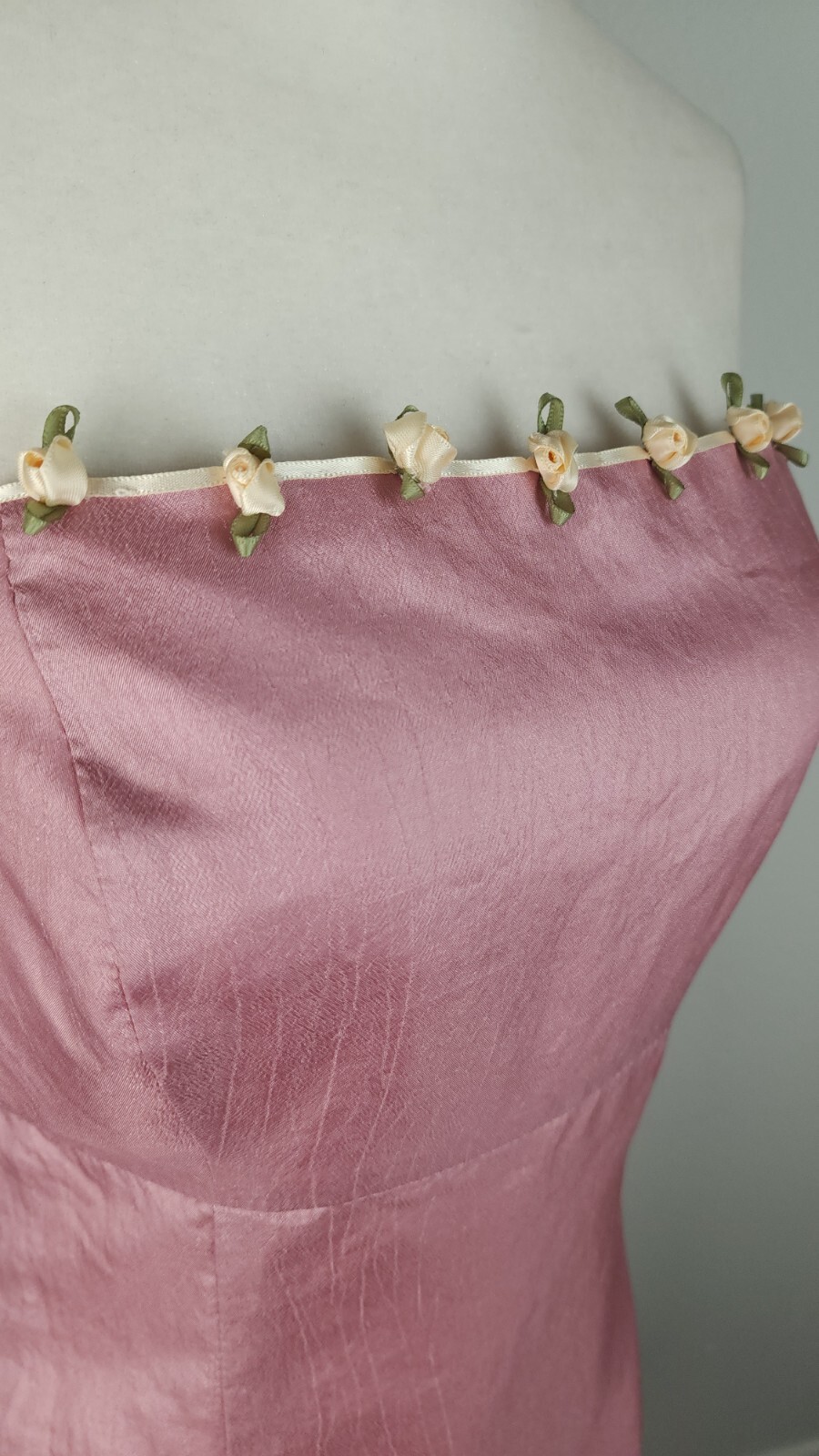Vintage 90s Pink Silk Satin Rosebud Dress Strapless Ivory Ribbons Homemade ~M