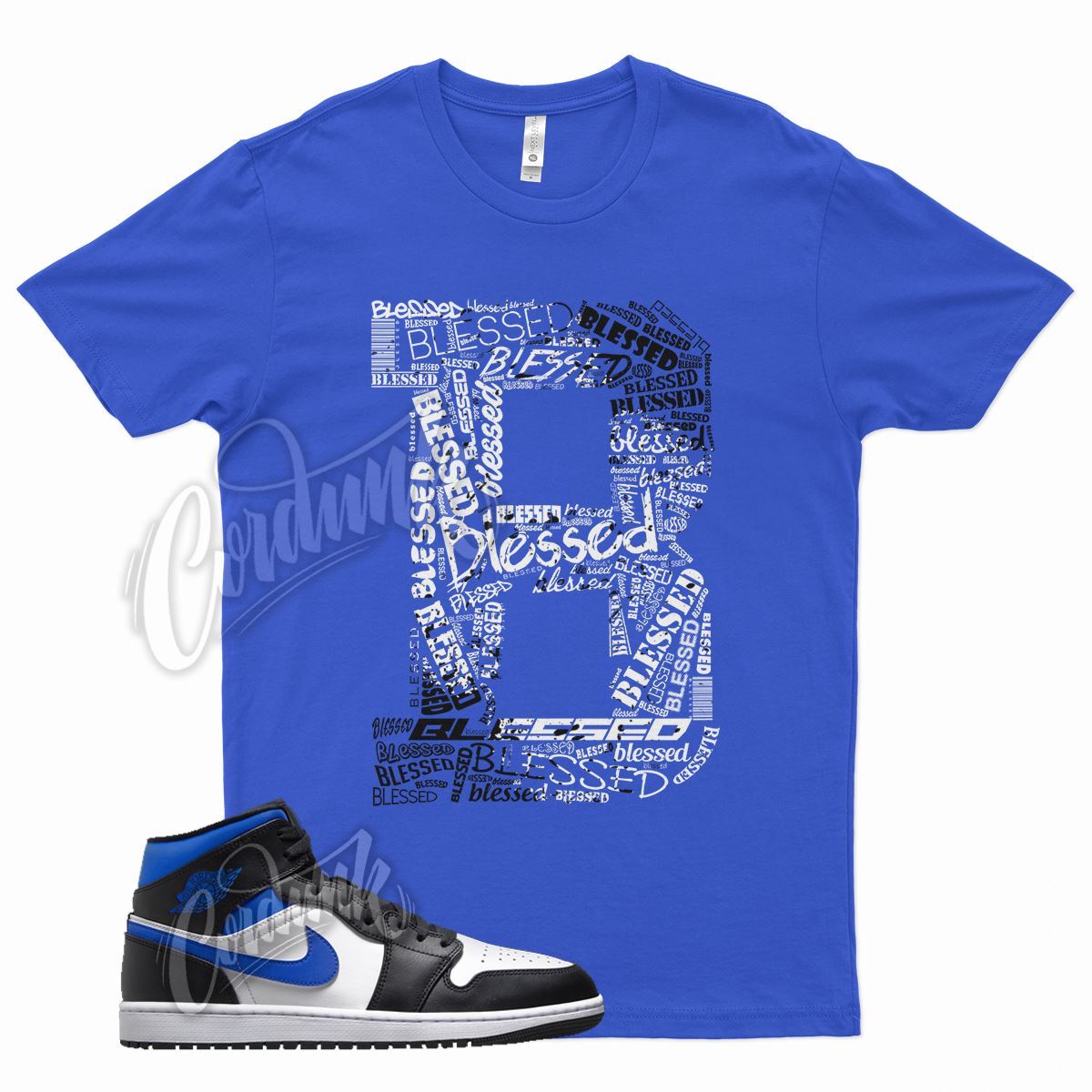 Blue BLESSED T Shirt for Air J1 1 Mid Racer Blue White Hyper Game Royal