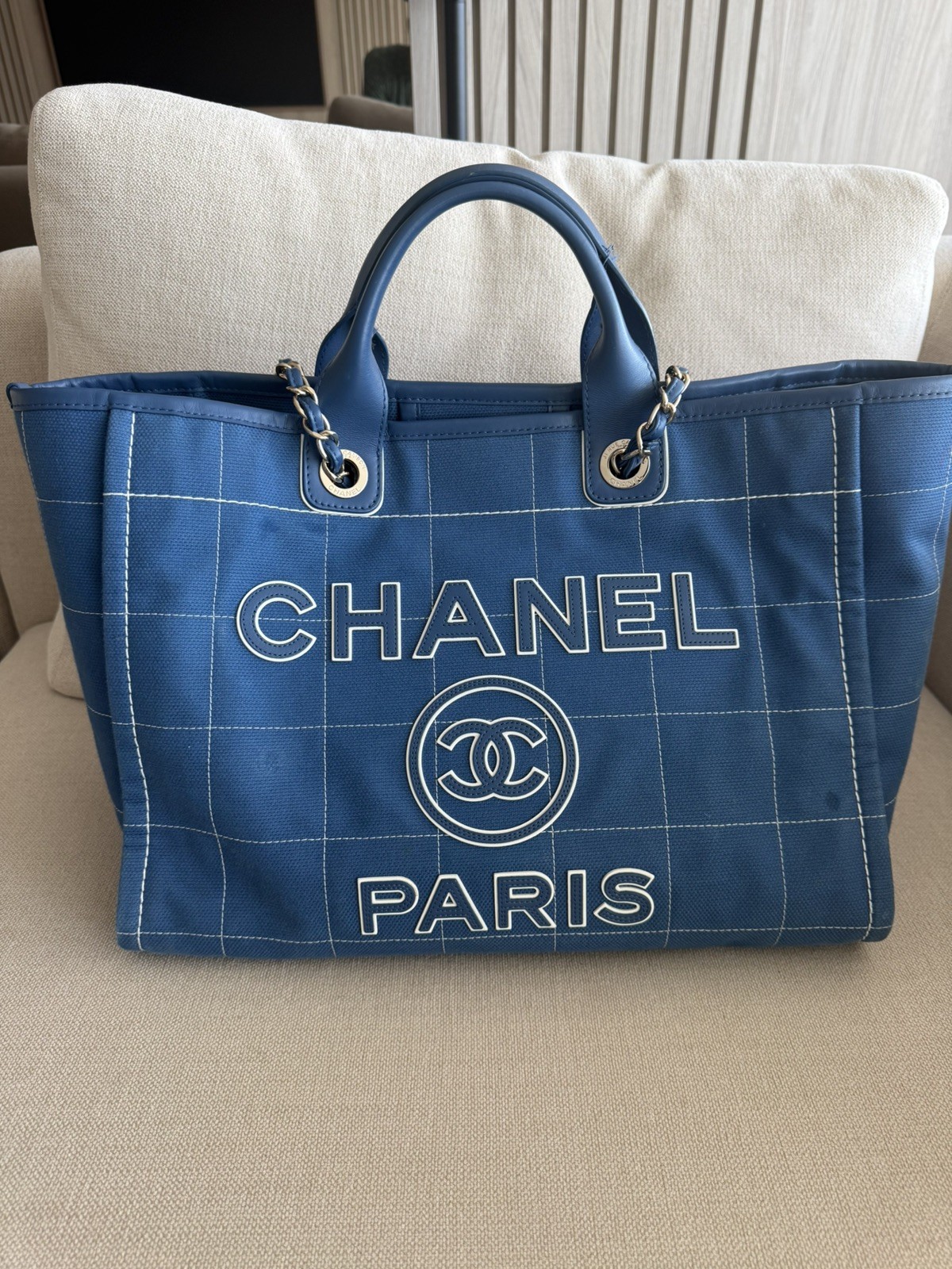 CHANEL Deauville Tote Medium Blue Canvas