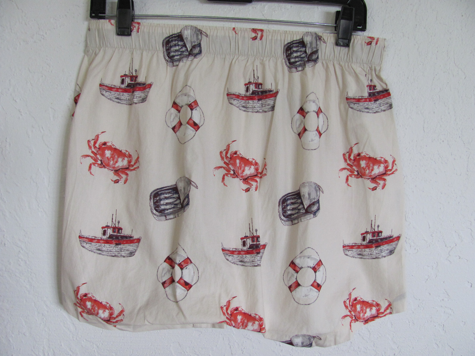 J Crew Boxers Watercolor Ocean-Crabs, Boats-Natural-Woven Cotton-Men’s M (32-34)