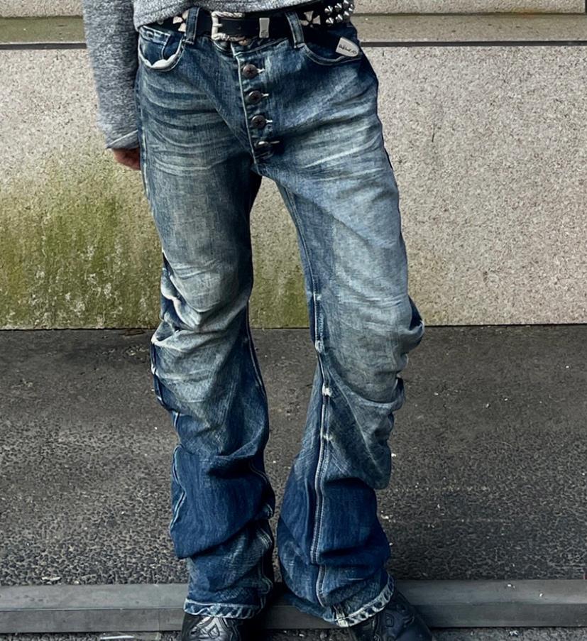 Men’s Straight Leg Blue Denim Jeans Casual Pants Button Up Punk Hip Hop Trousers