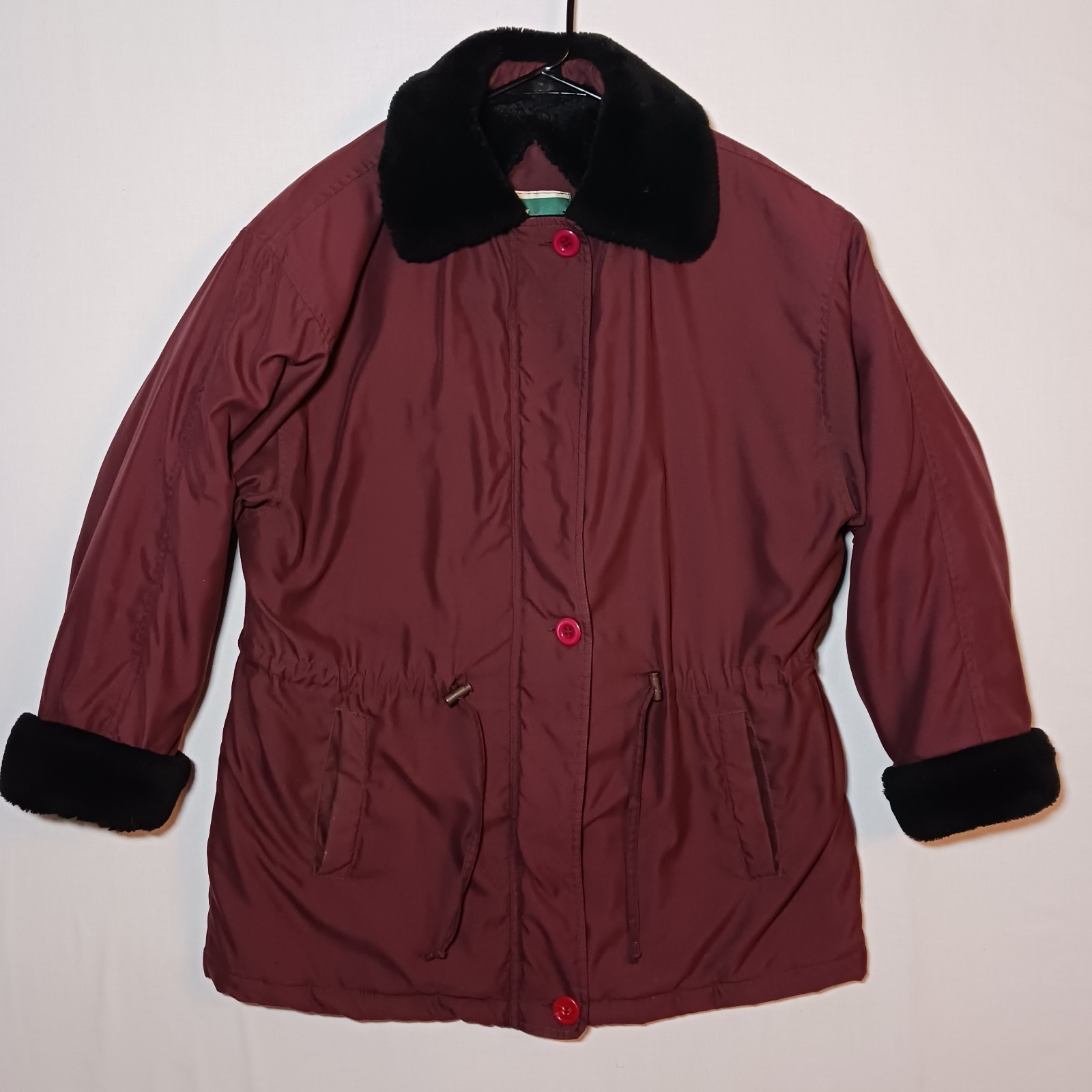 Vintage Larry Levine Womens Microfibre Coat Medium Burgundy Faux Fur Trim
