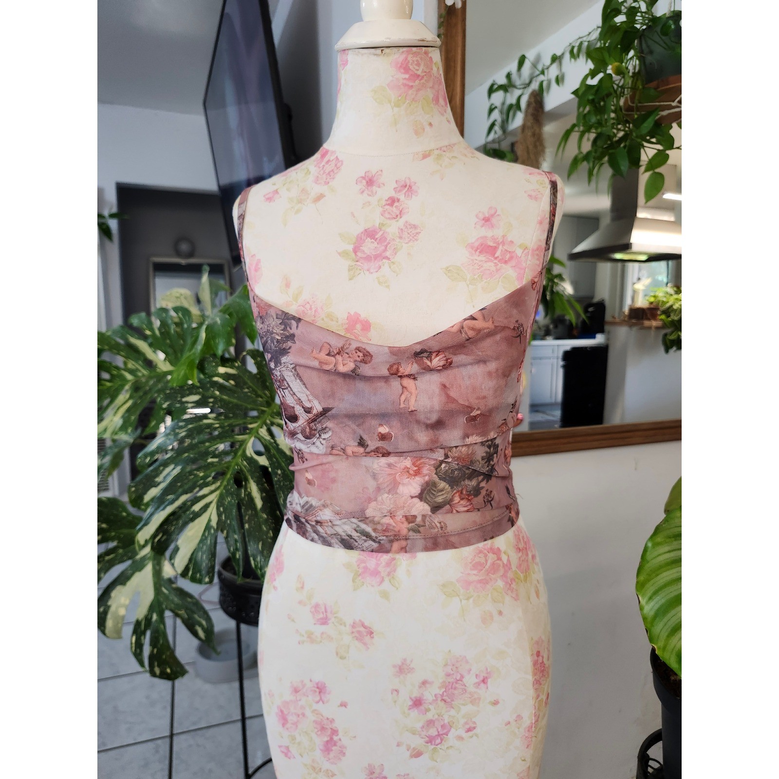 SHEIN Angel Print Mesh Cowl Neck Crop Top Small Coquette Fairycore Y2K ✨