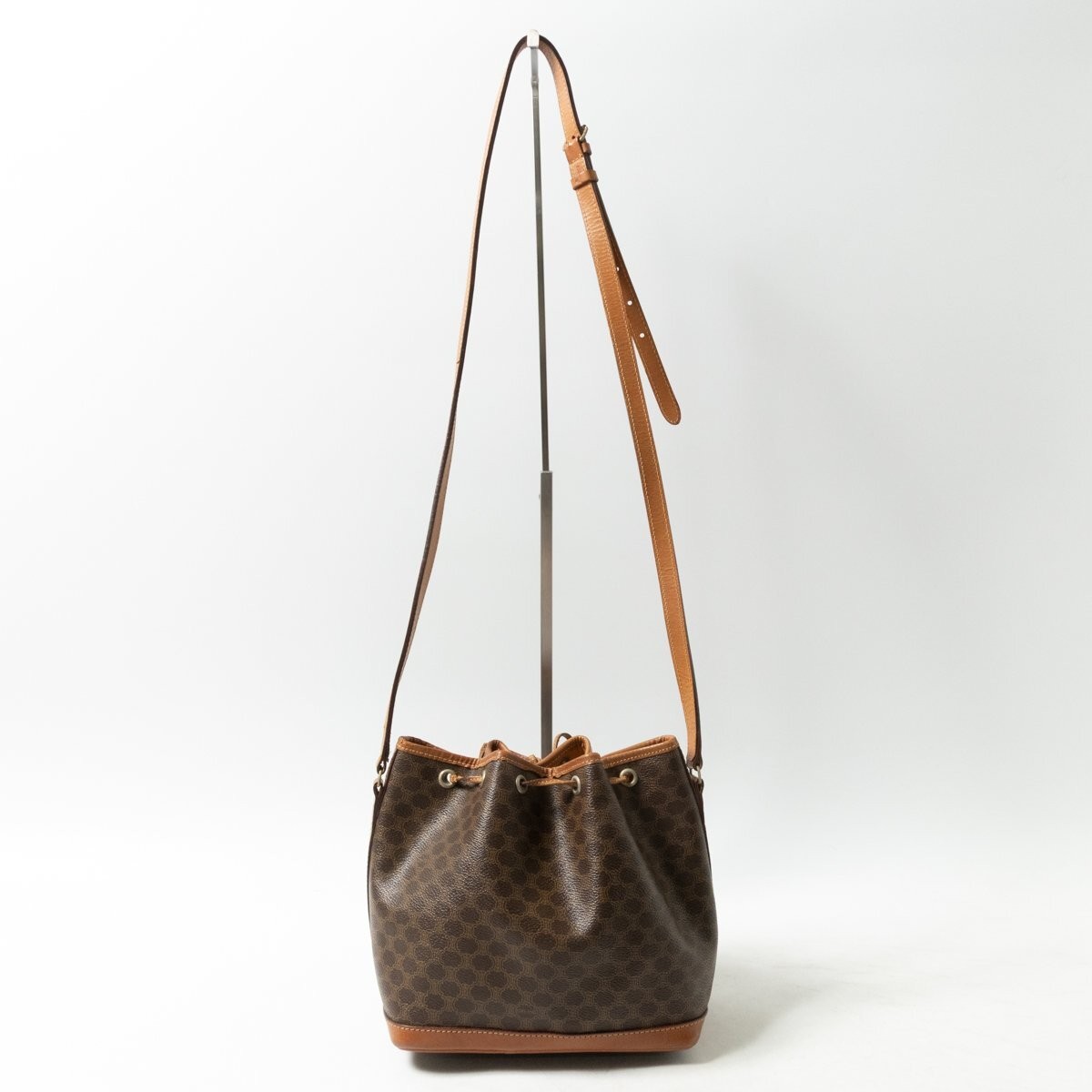 Celine Macadam Drawstring Shoulder Bag | PVC & Leather Crossbody | Dark Brown |