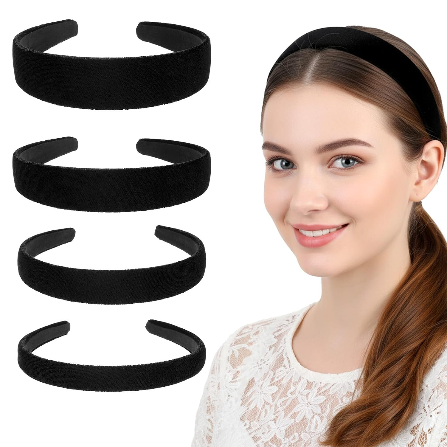 4 Pcs Black Headbands for Women, Velvet Padded Hairbands Fashion Solid Head Band