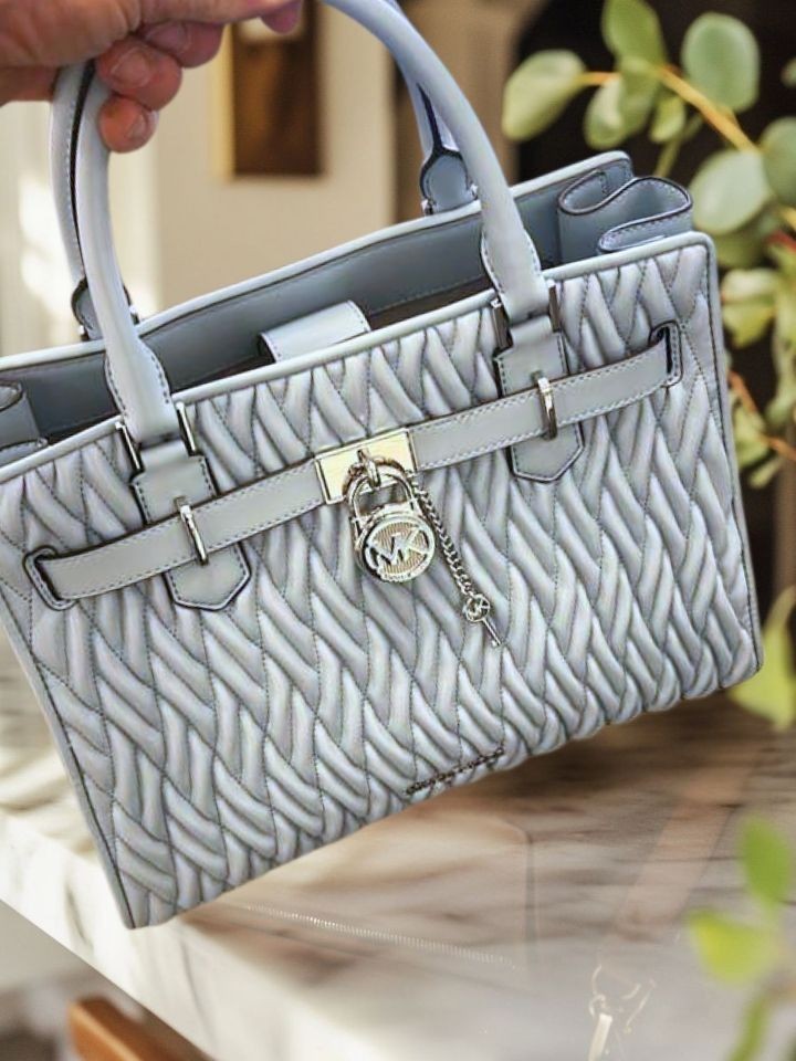 Michael Kors Hamilton Women Medium Matelassé Crossbody Satchel Bag Pale Ocean
