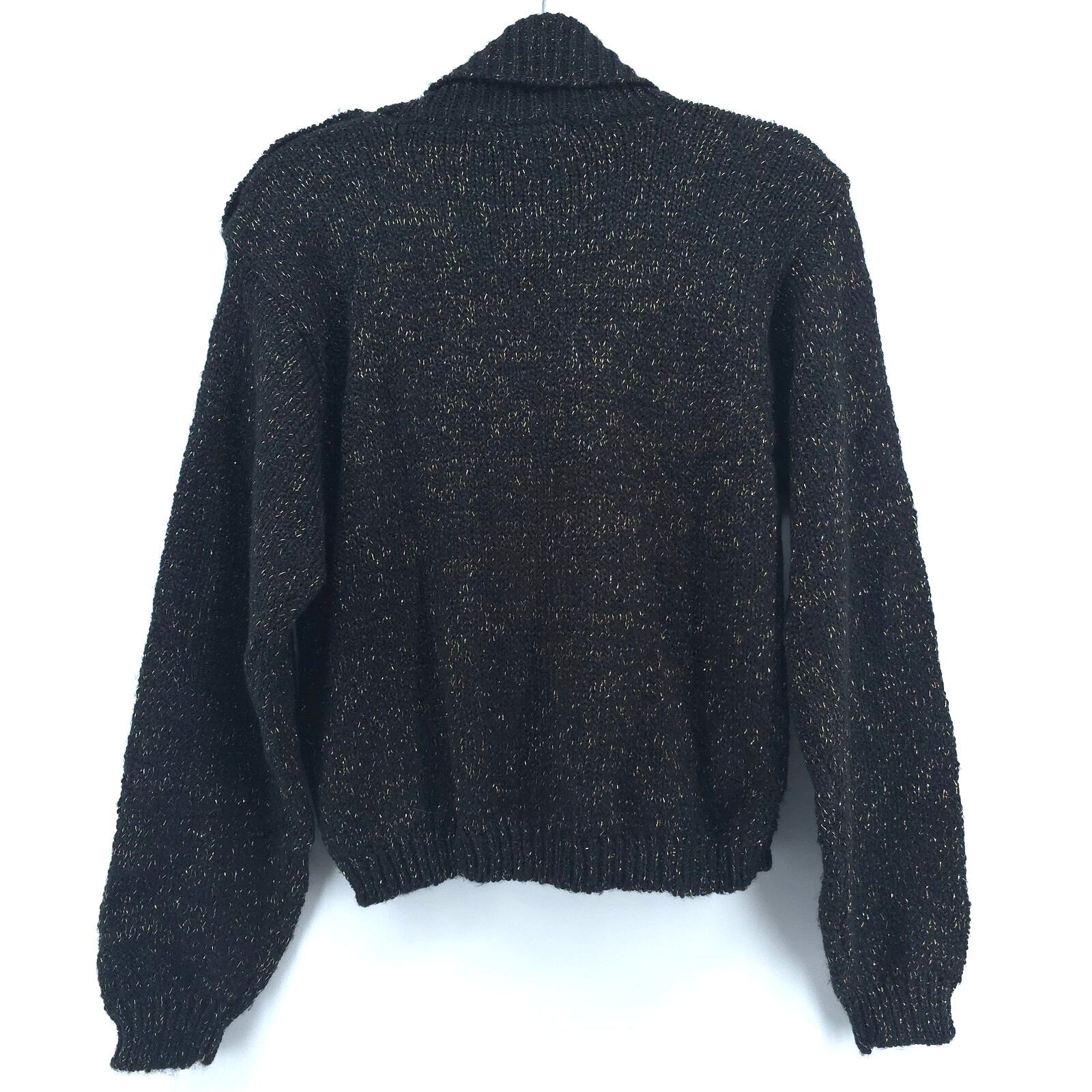 Vintage Toi Turtleneck Thick Ribbed Black & Gold Metallic Sweater Gold Buttons L