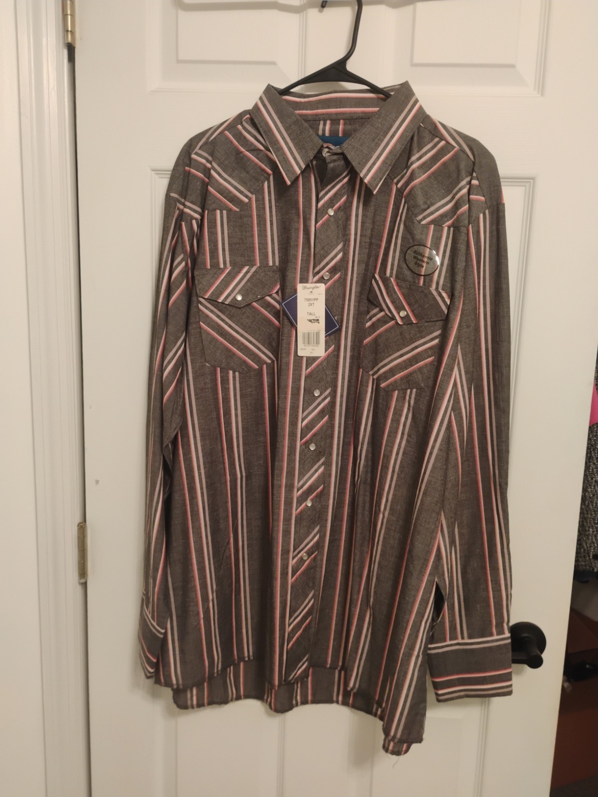 VTG Wrangler Men’s Western XXLT Striped Pearl Snap Shirt Grey Red White 2XT