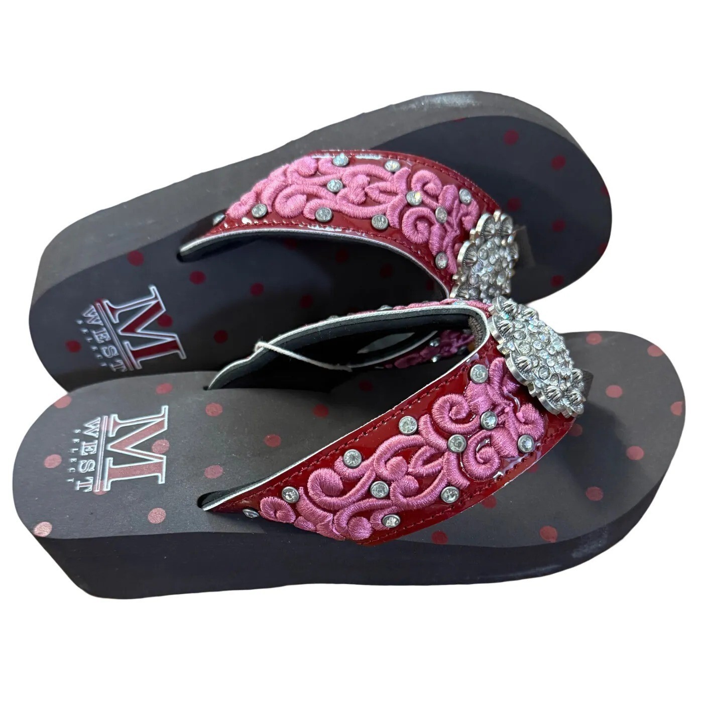 Montana West Women’s Red w/Pink Embroidered Flip Flops & Rhinestone Conch- NIB