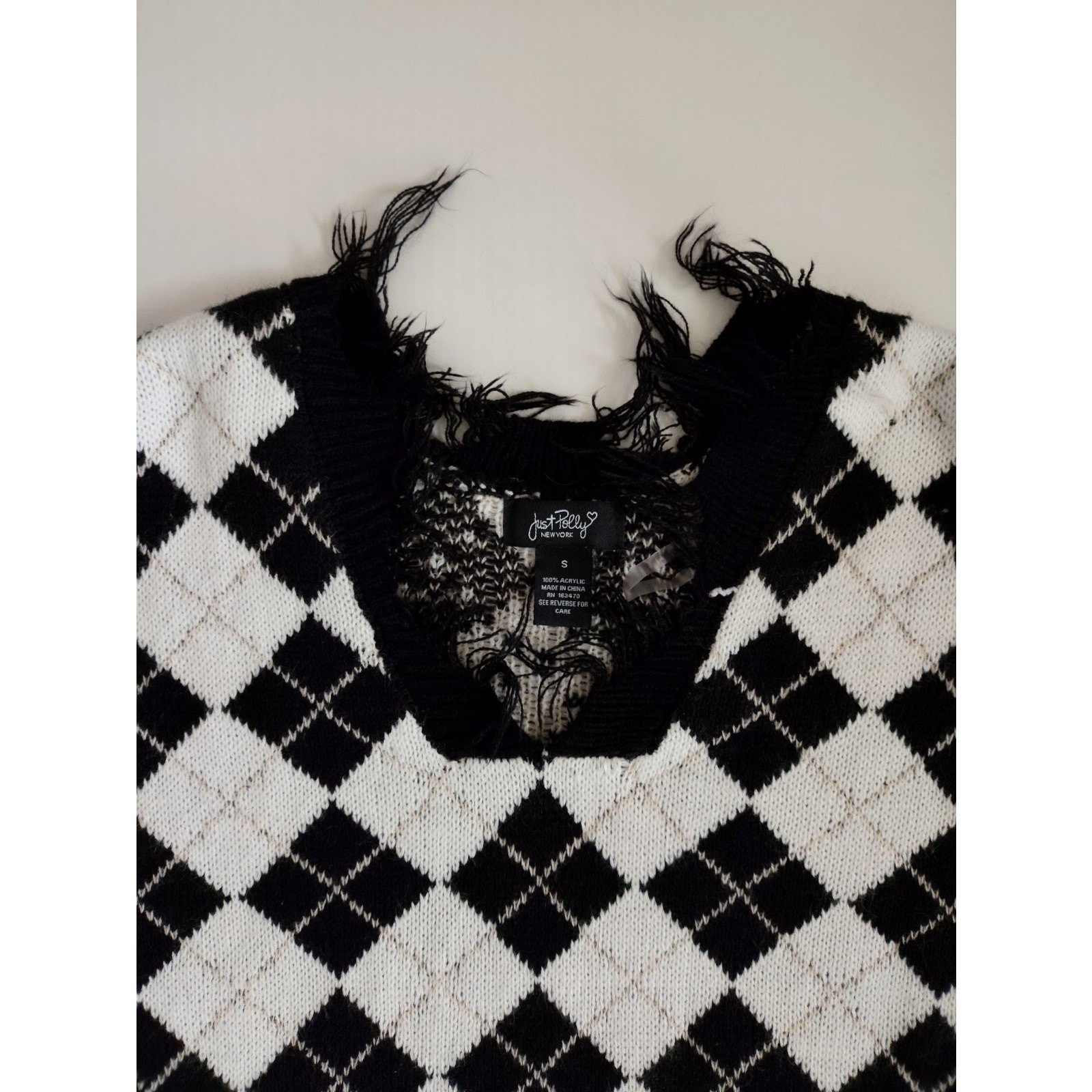 Copied – Just Polly New York Knit Argyle Cropped Fringe Sweater Women’s Size S