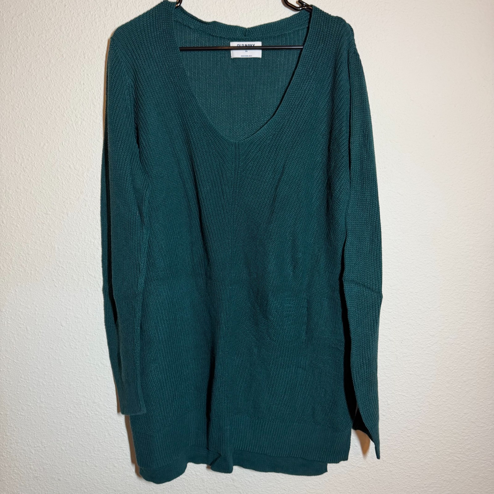 Old Navy Sweater Womens 2XL Teal Green Tight Knit Ribbed V Neck Warm Winter