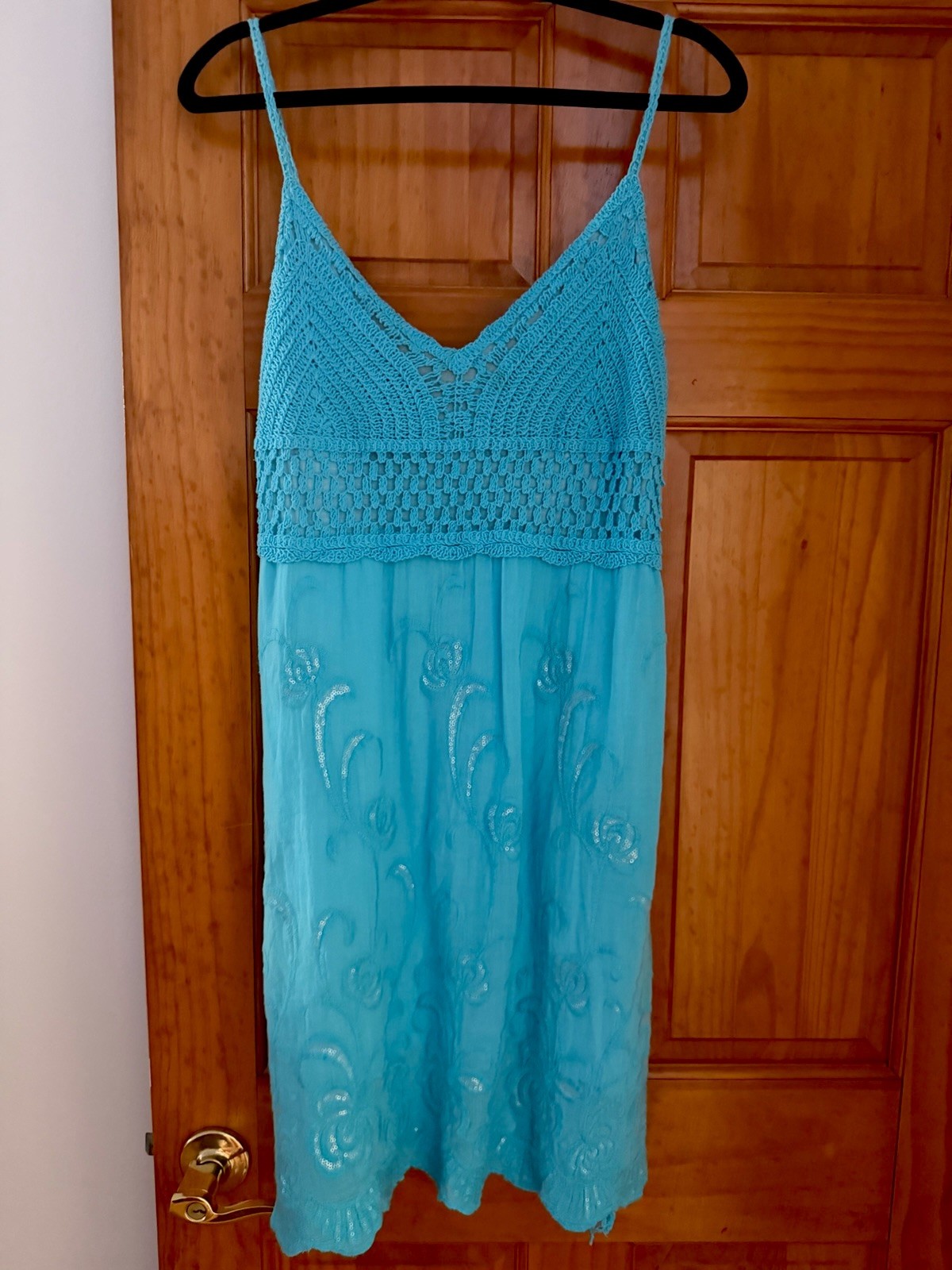 Crochet blue beaded fit and flare summer dress size M/L In great condition