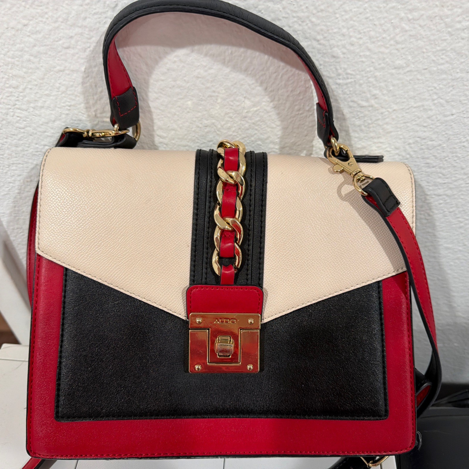 ALDO Colorblock Satchel Top Handle Gold Chain Accent Detachable Strap Pockets