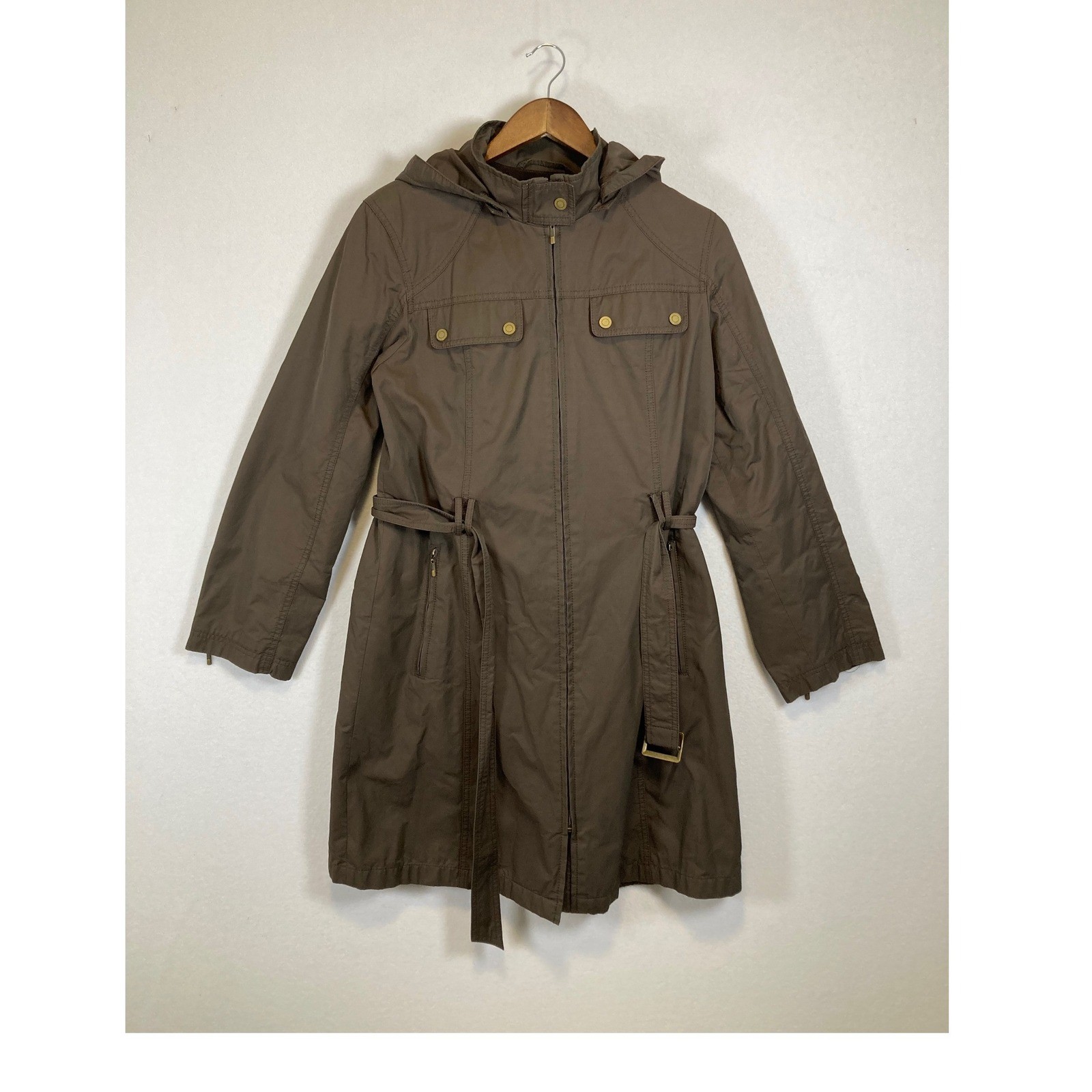 Utility Chic Gallery Women Medium Brown Hooded Belted Quilted Lining Trench Coat