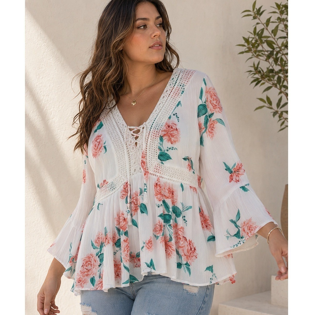Torrid Size 2 Floral Lace Peasant Blouse Tassel Tie Bell Sleeve Boho Top 2X