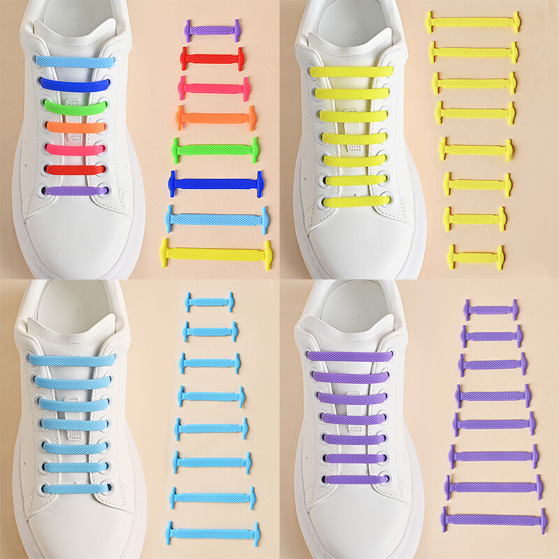 14 Black/White Elastic Lacing System Laceless Slip On No Tie Shoe Laces Silicone
