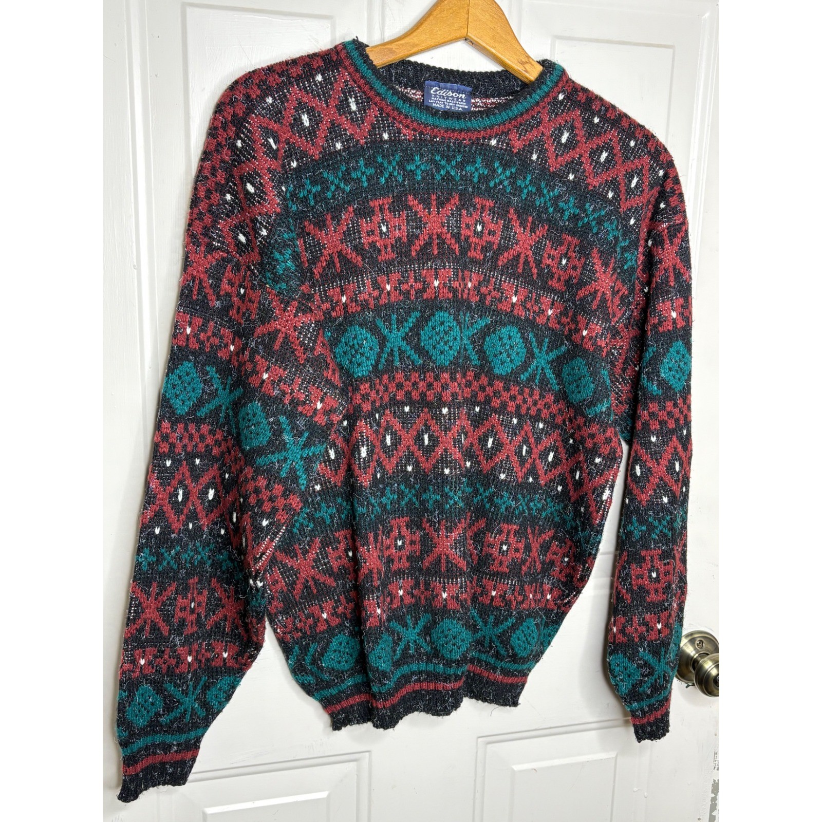 Edison Knitwear Mens Large Fair Isle Geometric Sweater Red Green Black USA