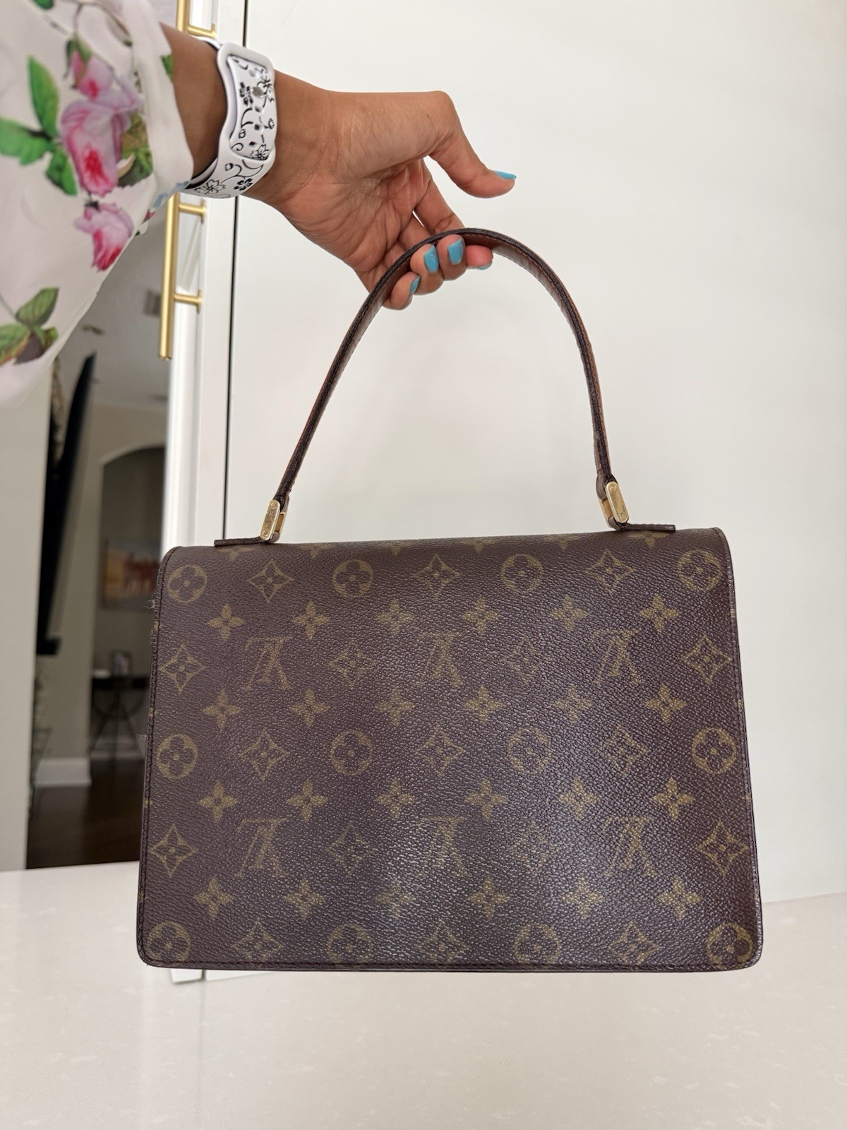 Louis Vuitton Monogram Brown Top Handle Bag Push Lock Gold HW Lock Logo Pockets