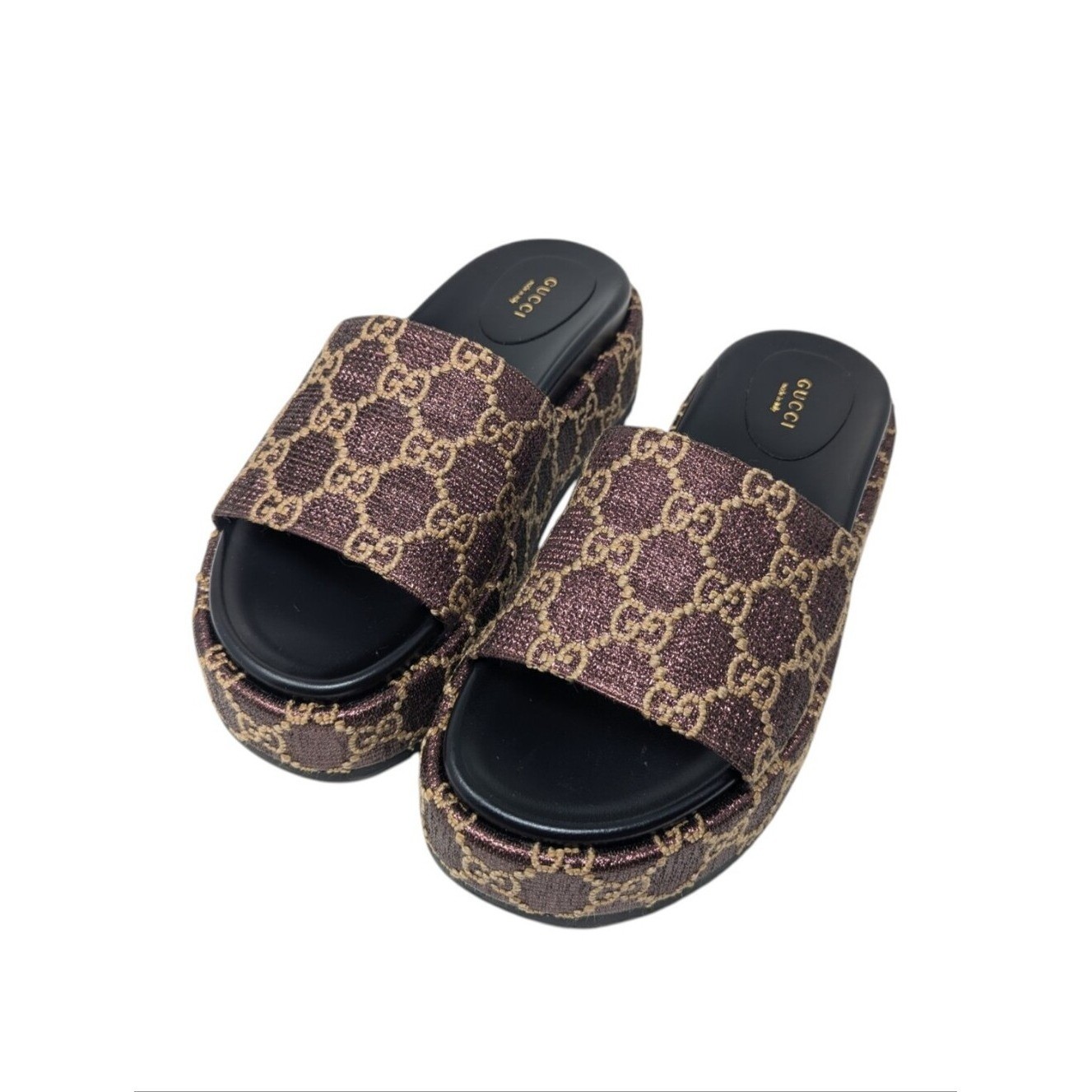 Gucci Brown Monogram Lame Angelina Platform Slide Sandals Size EU 39