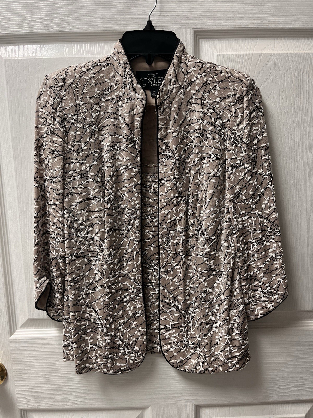 Alex Evenings 2-Piece Glitter Knit Mandarin Neck Jacket & Tank Set M Beige