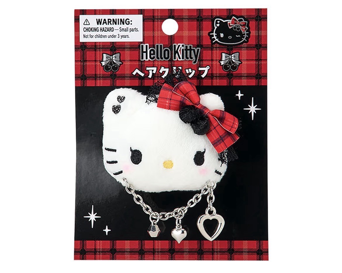 ❤️🖤Hello Kitty Sweet Rock’n Check Face Hair Clip Plush Chain Sanrio Japan🖤❤️