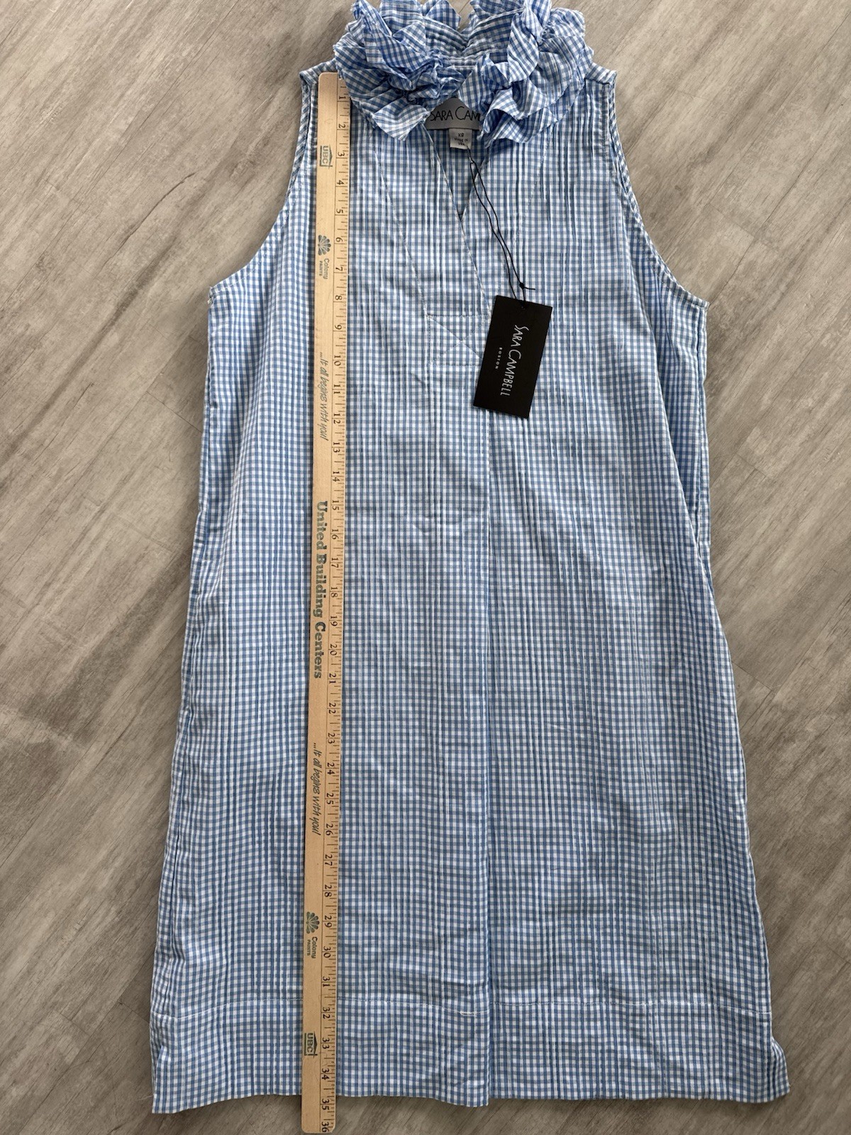 Womens Sara Campbell Aline Ruffle Neck Sleeveless Dress NWT BlueWhite Gingham XS