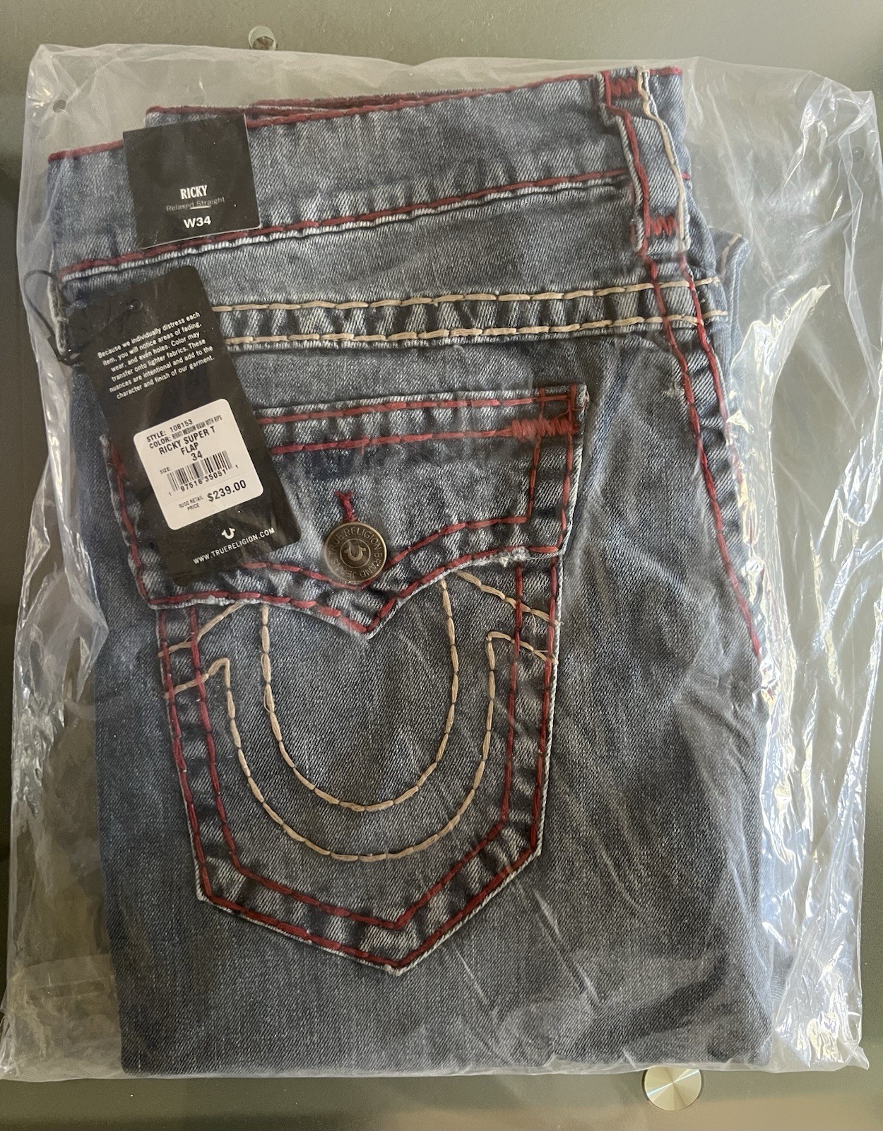 True Religion Ricky Distressed Super T Straight Jeans 34×32 **NWT SEALED**