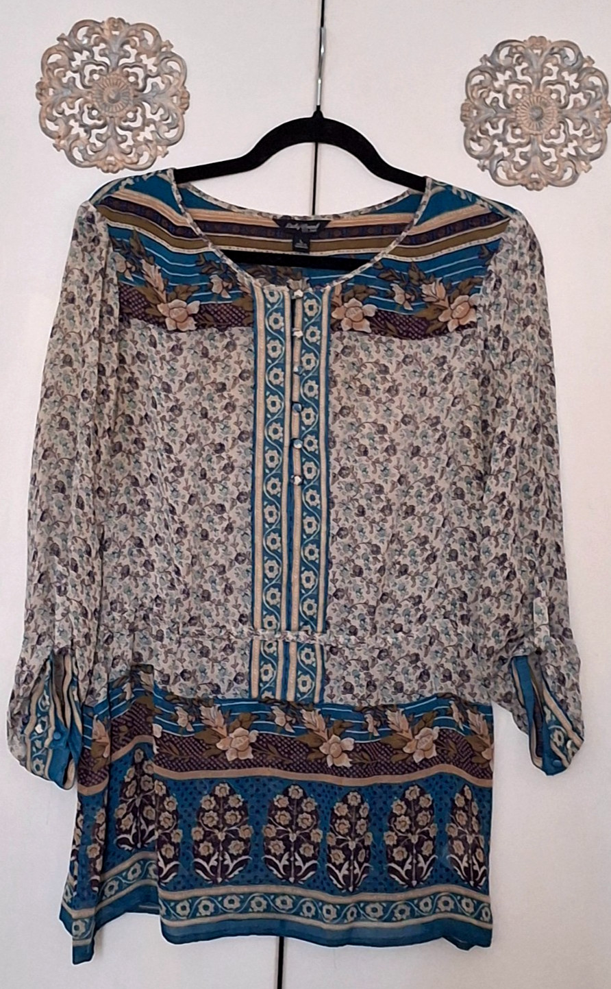 Lucky Brand Teal/Purple/Gold Floral/Bohemian-print Top – Size Large