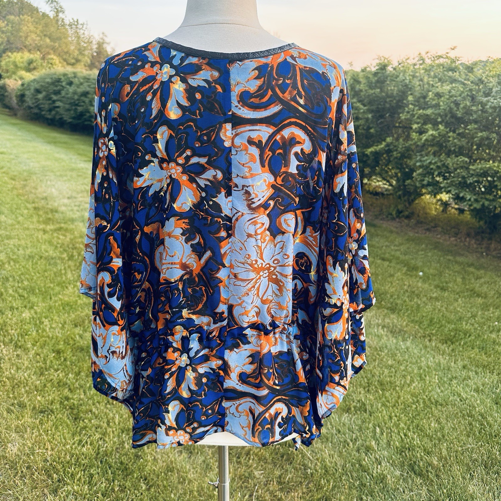 Y2K Alberto Makali Caftan Tunic Top L Oversized Boho Resort Blue Gold