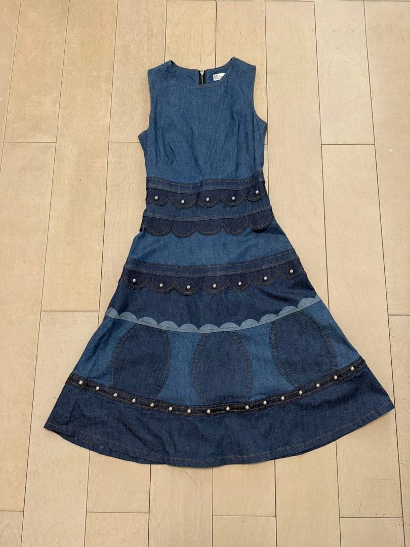 RED VALENTINO denim Scallop A-line beads Dress Women Size 40 Dark blue