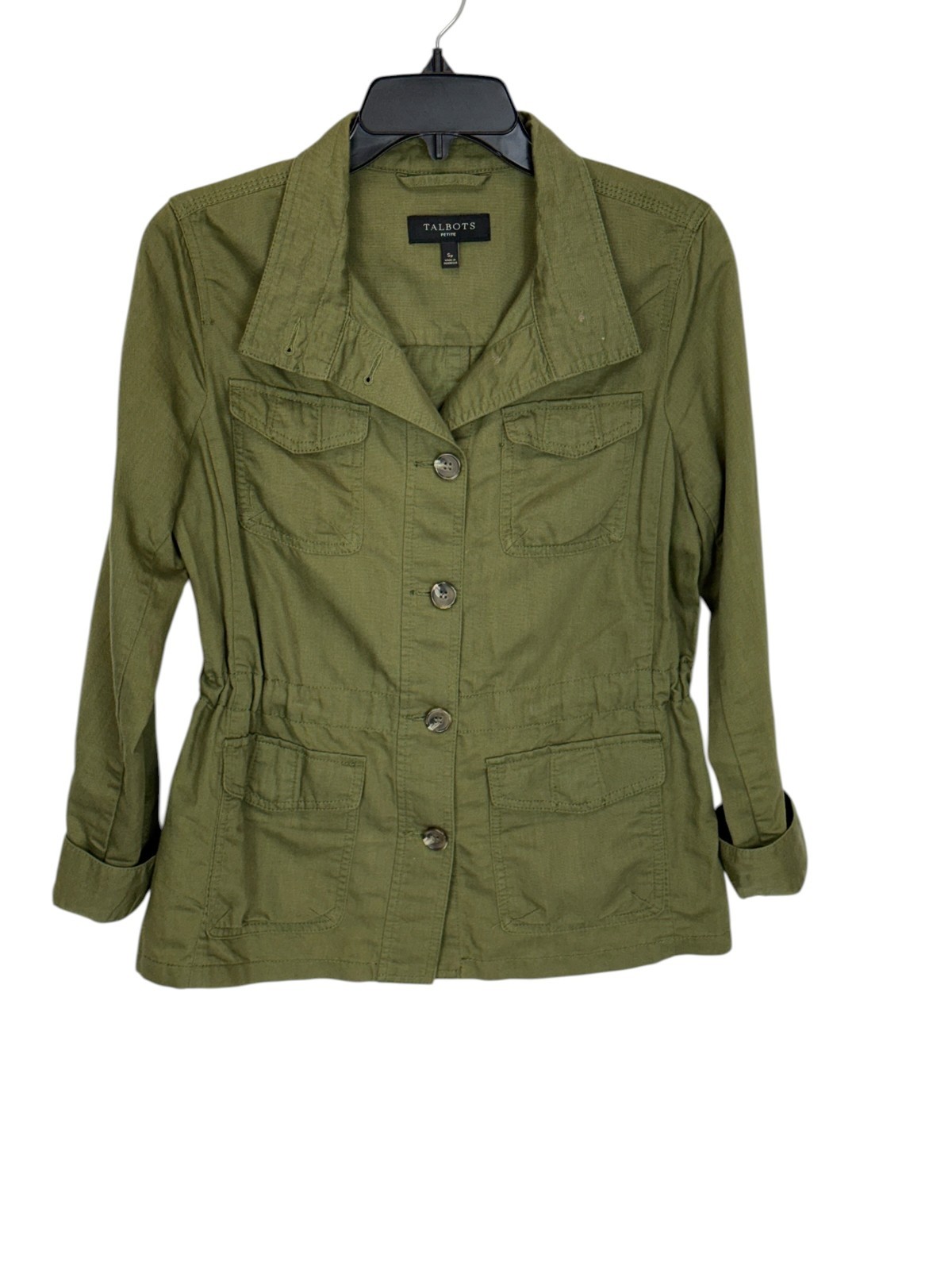 Talbots jacket sz Sp olive green military utilitarian safari cotton linen blend